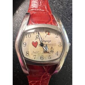 Diane Balit Hand Painted Red Leather Bon Voyage‎ Watch New Battery